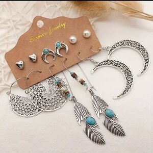 BOHEMIAN Crescent moon turquoise feather earring bundle set